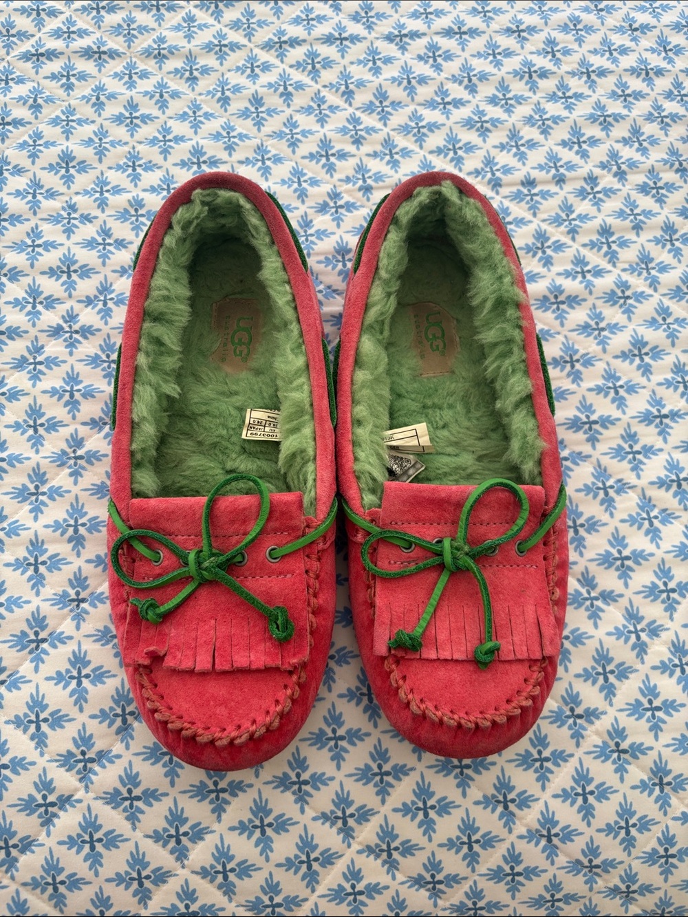 UGG Pink Suede Moccasins with Green Shearling Lining